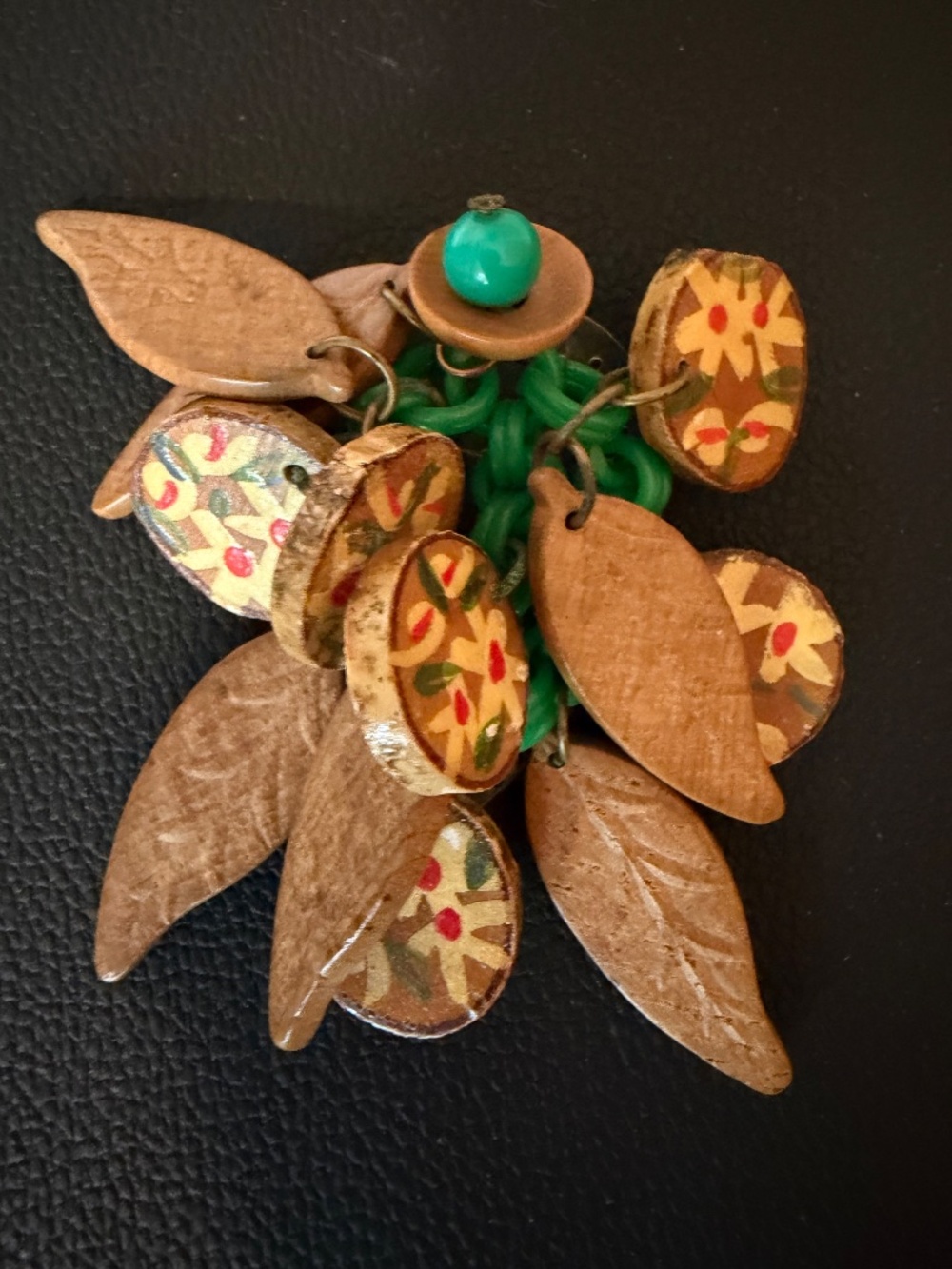 Vintage Brooch with Carved Wooden Leaves & Floral Painted Wooden Charms